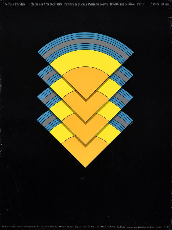 An illustrational black poster of four quadrants in blue, gray, yellow, and orange, overlapping.
