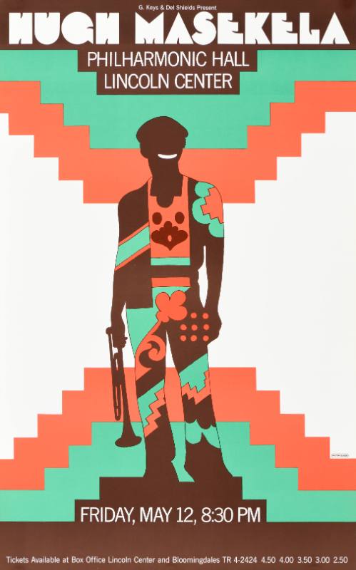 An illustrational poster of Hugh Masekela on a platform holding a trumpet in decorative outfit.