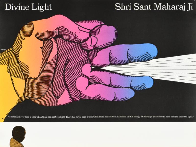 A poster of a rainbow hand thumb and forefinger touching and light rays shooting out.