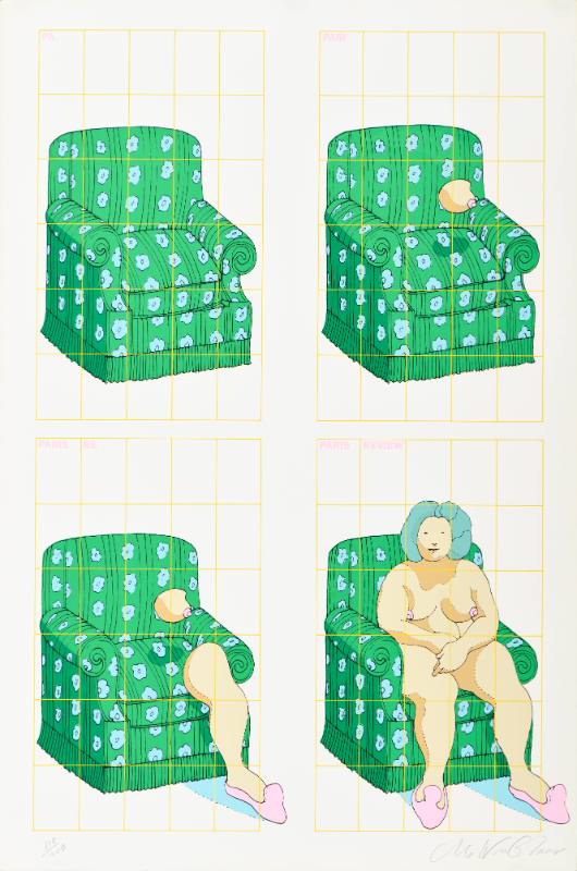 A poster of a green floral chair repeated 4 times and a nude woman materializing on it.