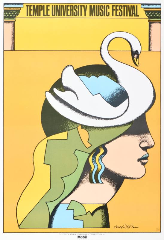 A poster featuring the profile of a woman wearing an abstract swan headdress.