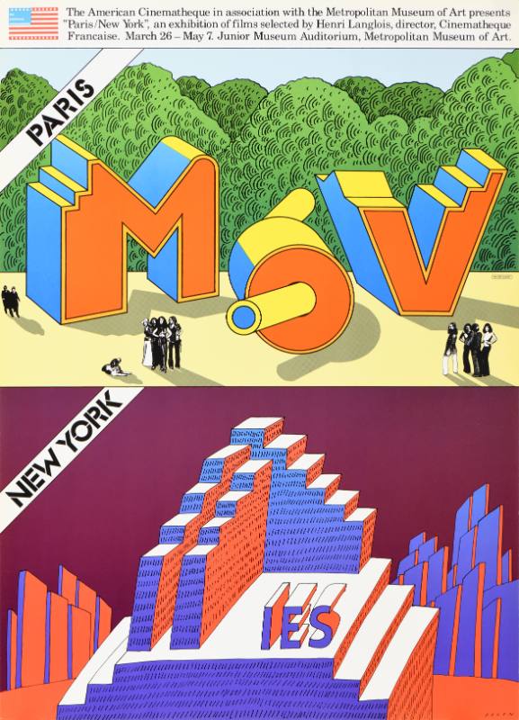 A poster split vertically the top with giant letters in a park, the bottom in a city.