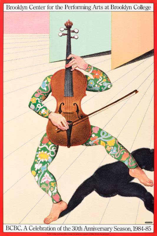 A poster of a cello with human arms and legs in floral sleeves playing itself.
