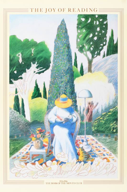 A poster of woman reading in a living room that is transforming into an English garden.