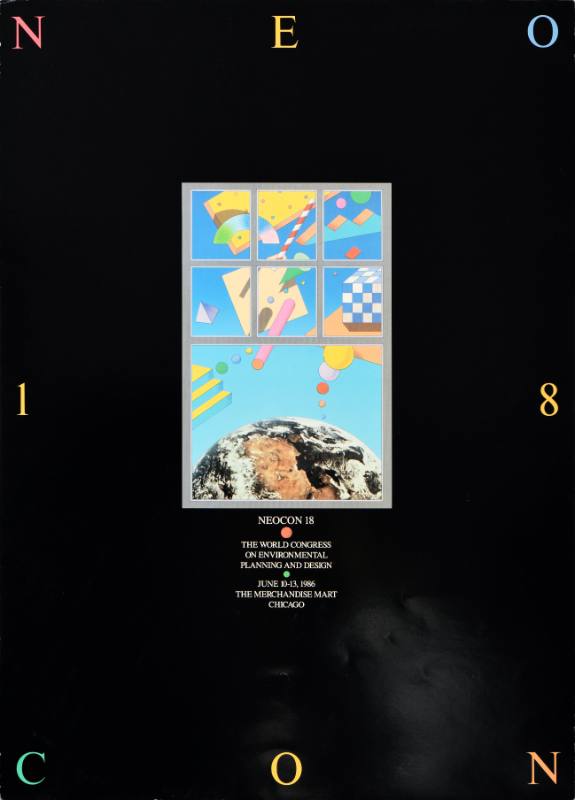 A poster of Earth hanging in a blue sky seen through a window, geometric forms above it.