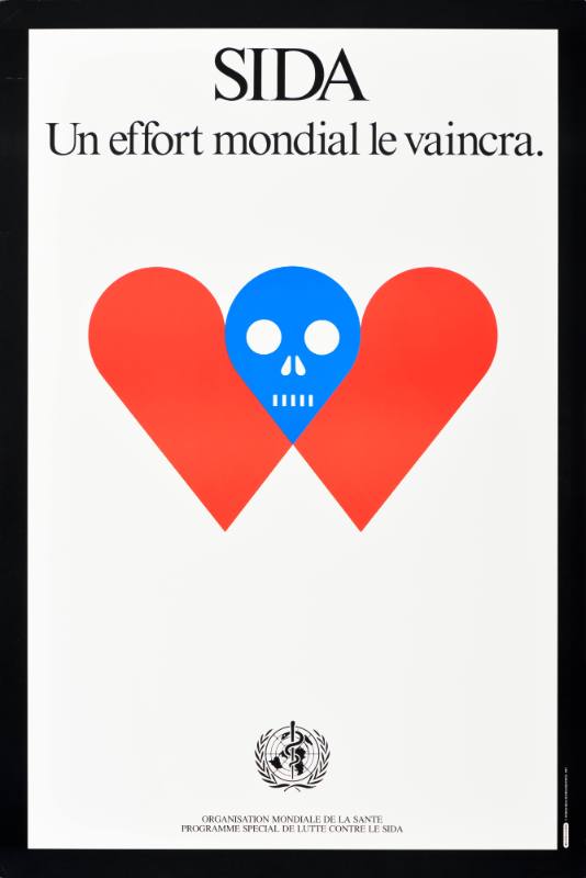 A poster of two overlapping red hearts, their center a blue skull like face.
