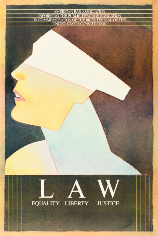 A poster of the profile of a dark haired woman with a blindfold over her eyes.