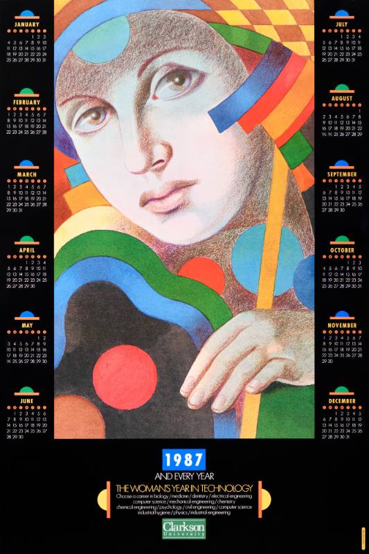 A poster of a woman's face surrounded by stripes with a border of monthly calendars.