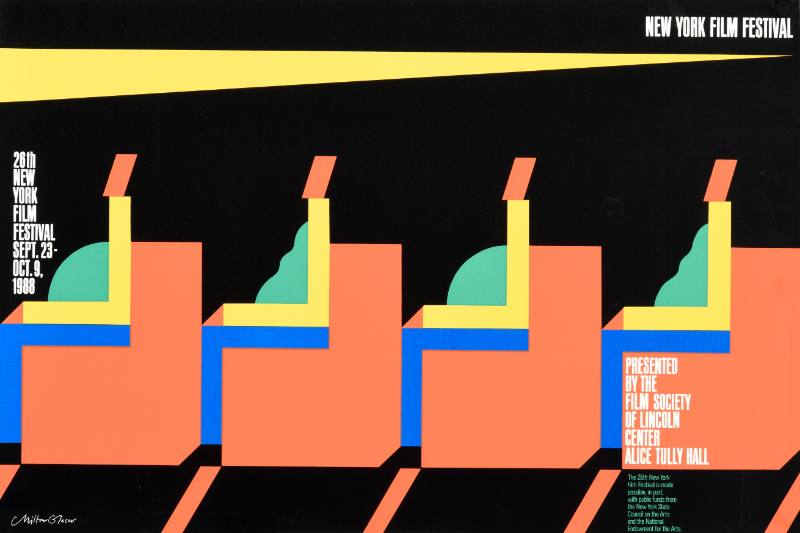 An illustrational poster of four rows of colorful geometric movie theater seats and the projector light.