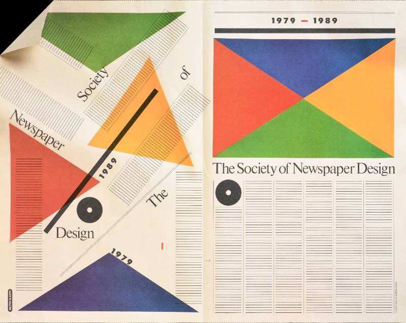 A poster split in two, one side filled with random triangles and columns, the other neat.
