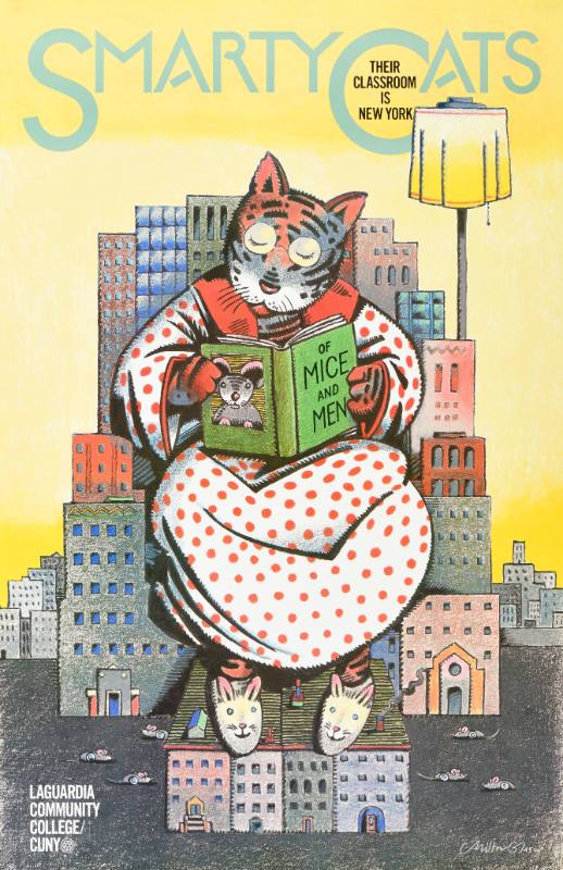 A poster of a cat wearing a robe and slippers, reading in a chair made from skyscrapers.