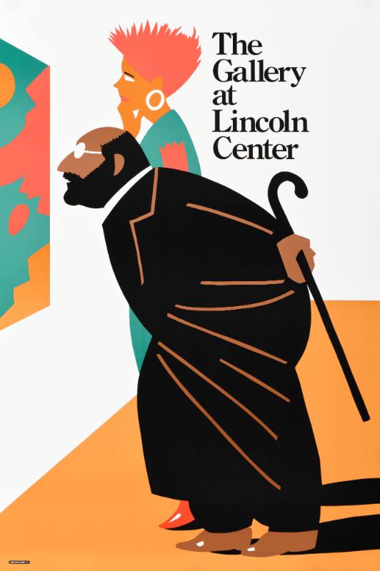 A poster of a couple admiring an abstract painting he leans forward as she rubs her chin.