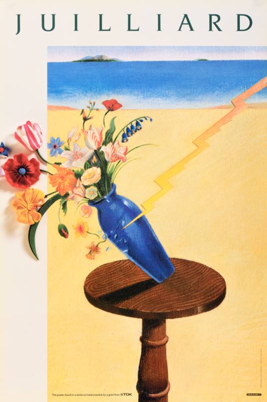 A poster of flowers in a blue vase on a pedestal on a beach being struck by lightning.
