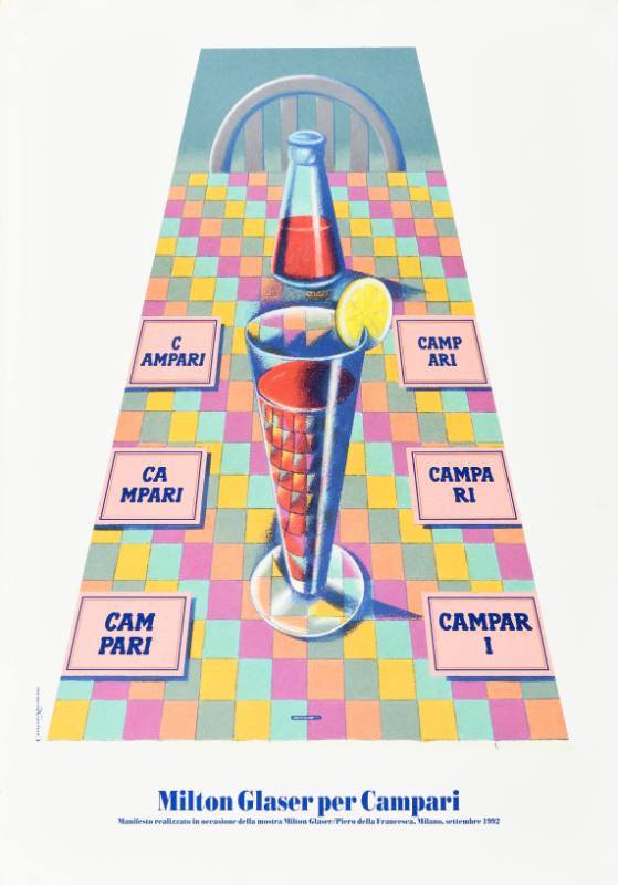 A poster of a tall glass of Campari on a long table with a checkered tablecloth.