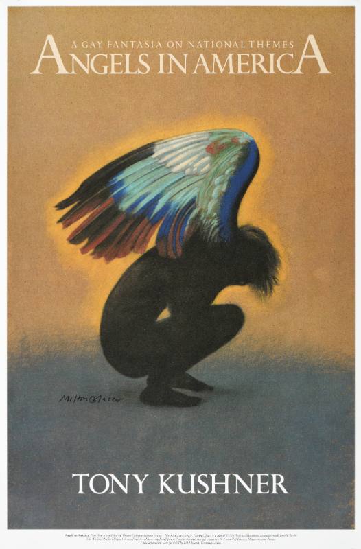 A poster of an angel with colorful wings crouching with his head in its hands.