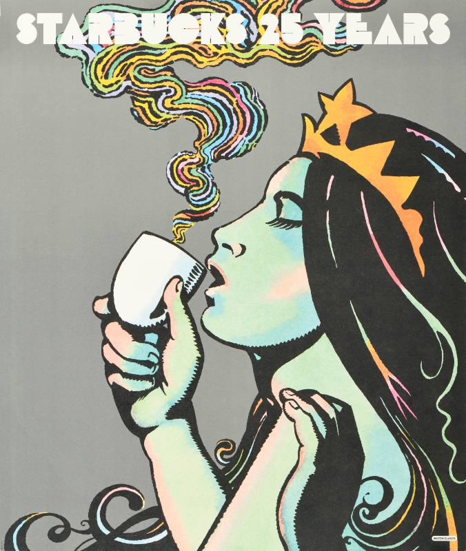 A poster of a woman wearing a crown drinking from a steaming cup.