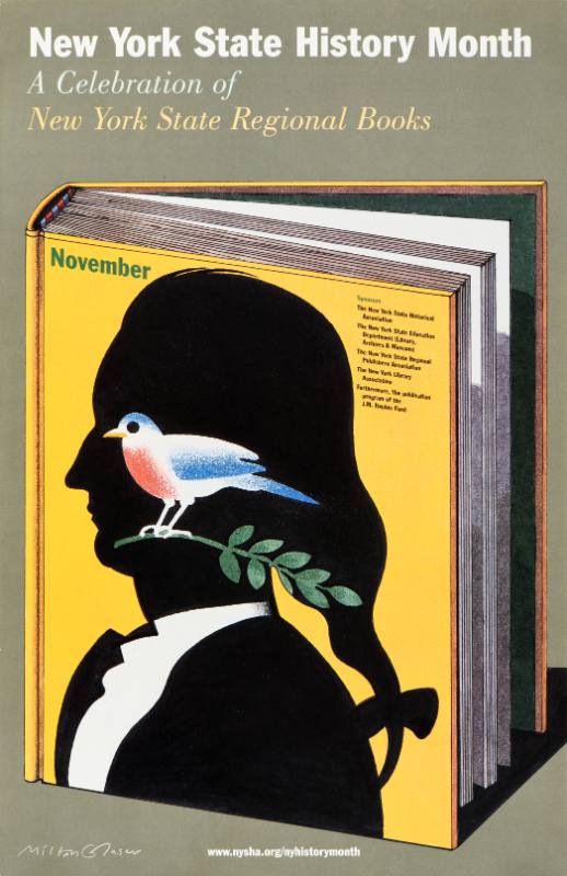 A poster of a large hard covered book with a silhouetted man with a dove.
