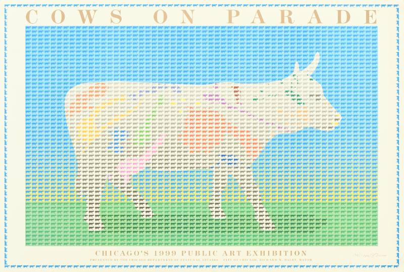 A poster featuring a cow composed entirely of tiny little cows.