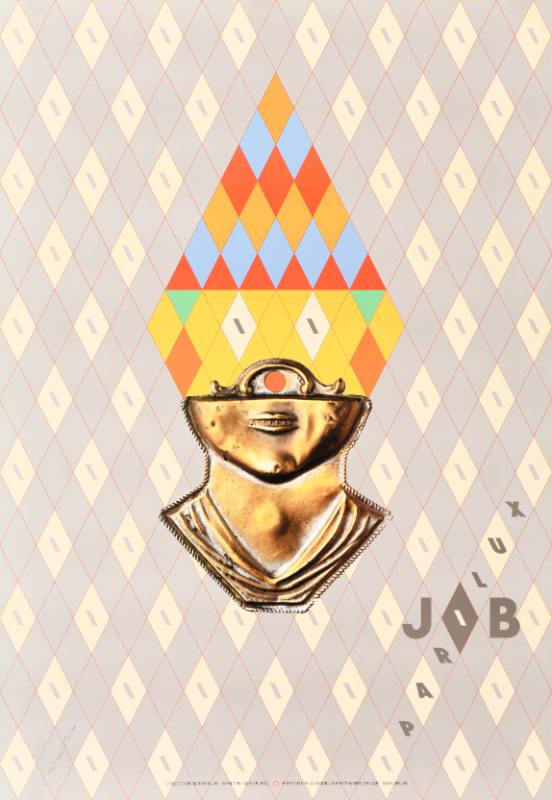 A poster with a diamond patterned background, a metallic face with the top made of diamonds.