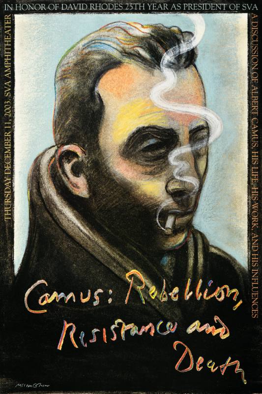A poster featuring a colored pencil sketch of Albert Camus in a dark coat, smoking. Image