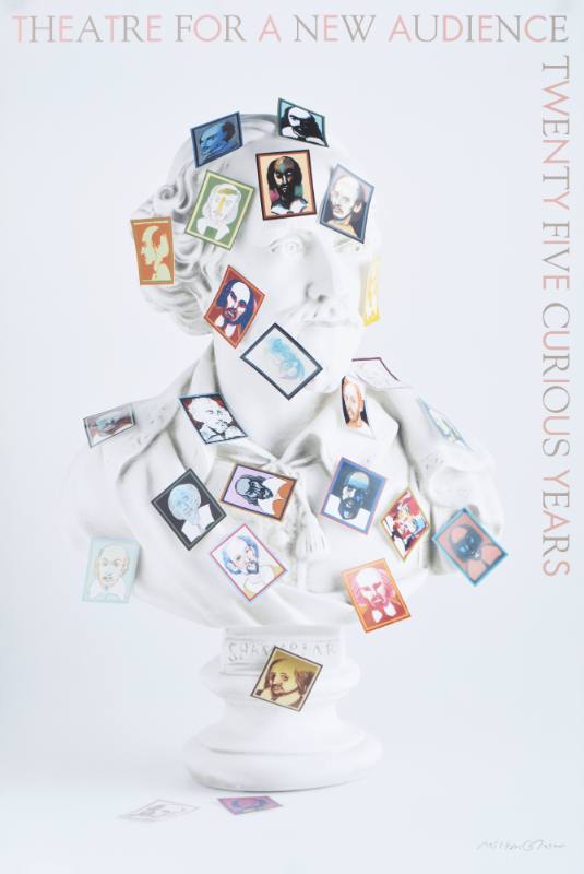 A poster featuring a white bust of Shakespeare covered in colorful postage stamps of him.