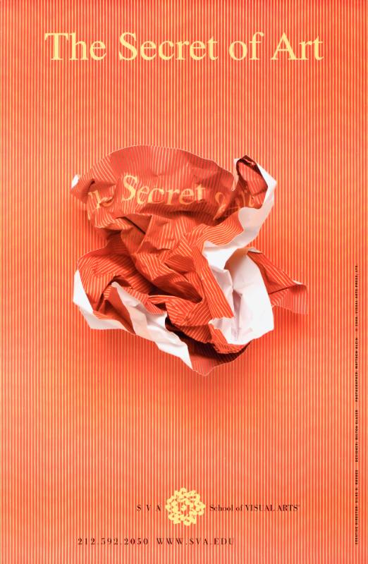 A poster with fine vertical red stripes, and a crumpled version of itself in the center.