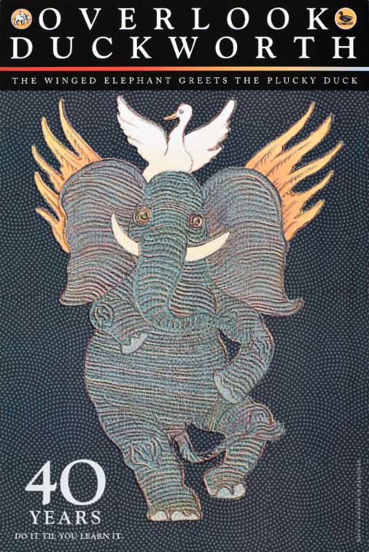 A poster of a winged elephant standing, with a duck on his head