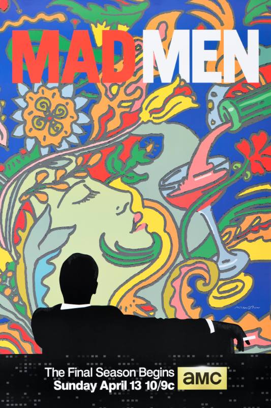 A poster of a man seated on a couch looking at a swirling colorful image of a woman's face.