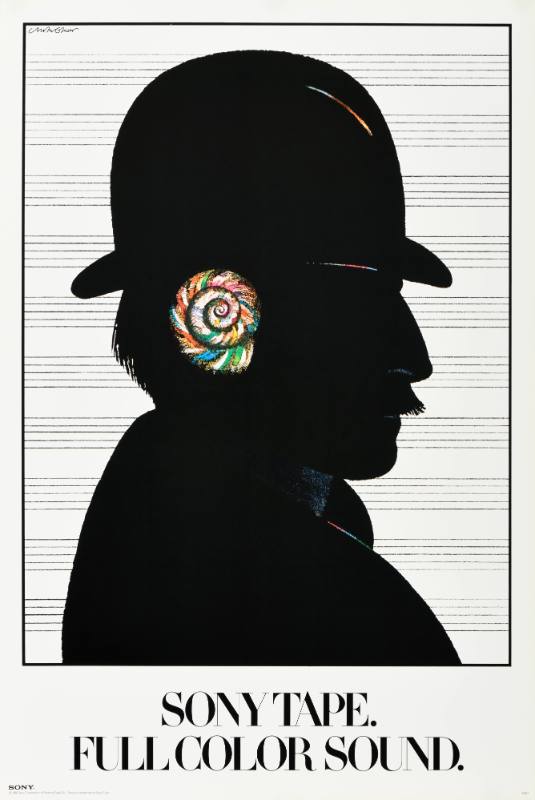 A poster featuring a silhouette of man in a bowler hat with a colorful, snail shell ear.