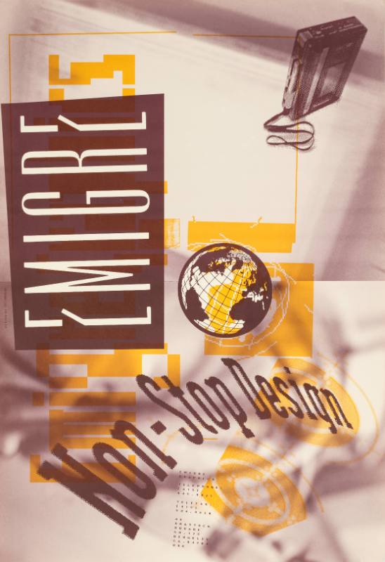 A poster of black and orange images of a cassette player, globe of Earth, and targets next to text.