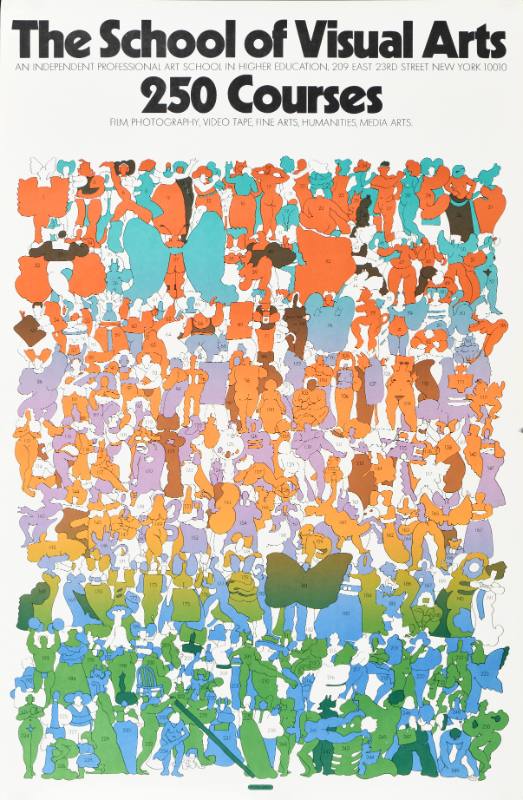 A poster of a room filled with people represented by colorful numbered silhouettes.