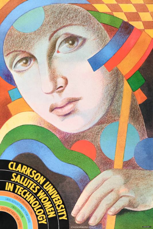 A poster of a woman's face surrounded by colorful stripes.