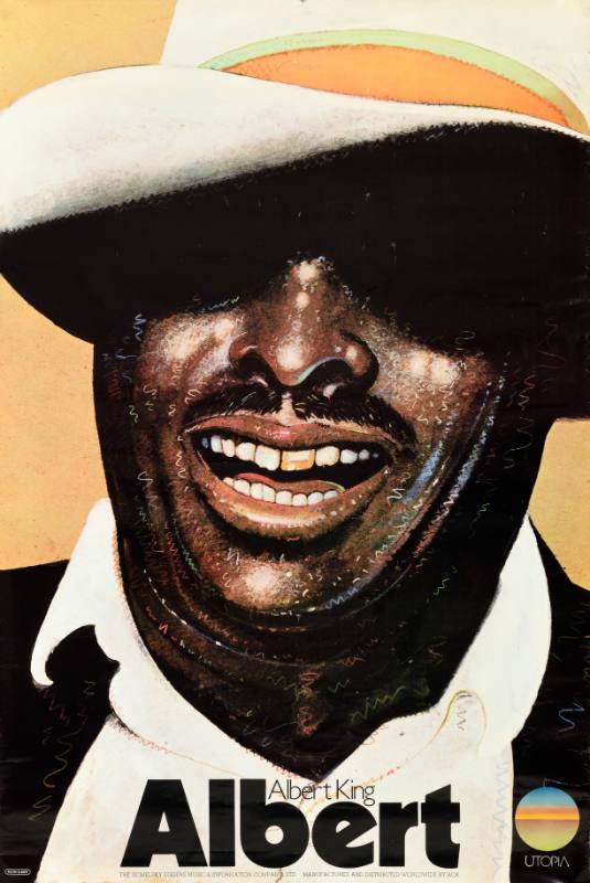 A poster of a Black man with a gold tooth wearing a broad rimmed white hat.