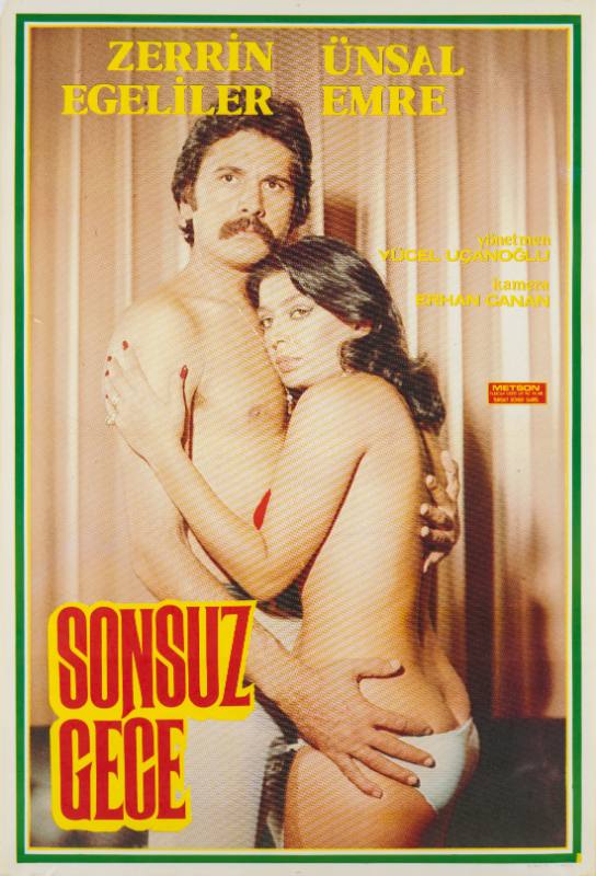 A poster of a bare chested couple embracing with the man's hand resting onto her white bikini bottom.
