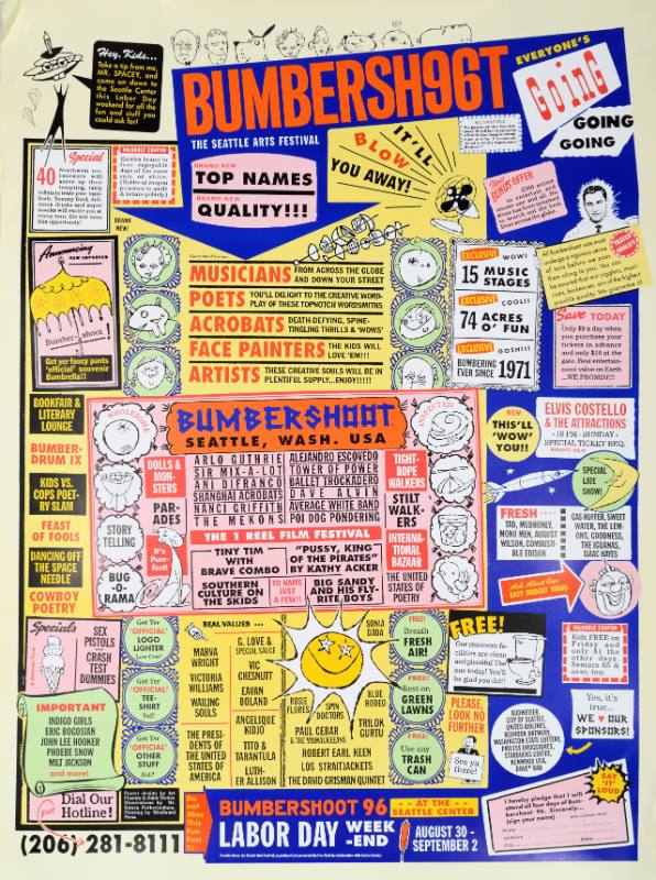 A brightly colored text based poster filled with small black and white pictures.