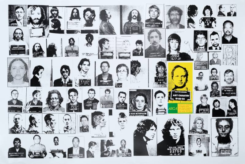 A photomontage poster made from black and white celebrity mugshots, one highlighted in yellow.
