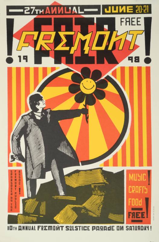 A colorful poster with a black and white image of a man holding a flower.