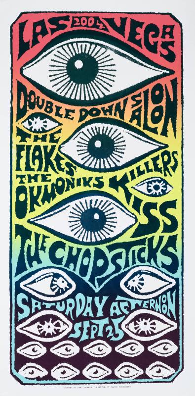 A poster of eyes over a rainbow gradient background.