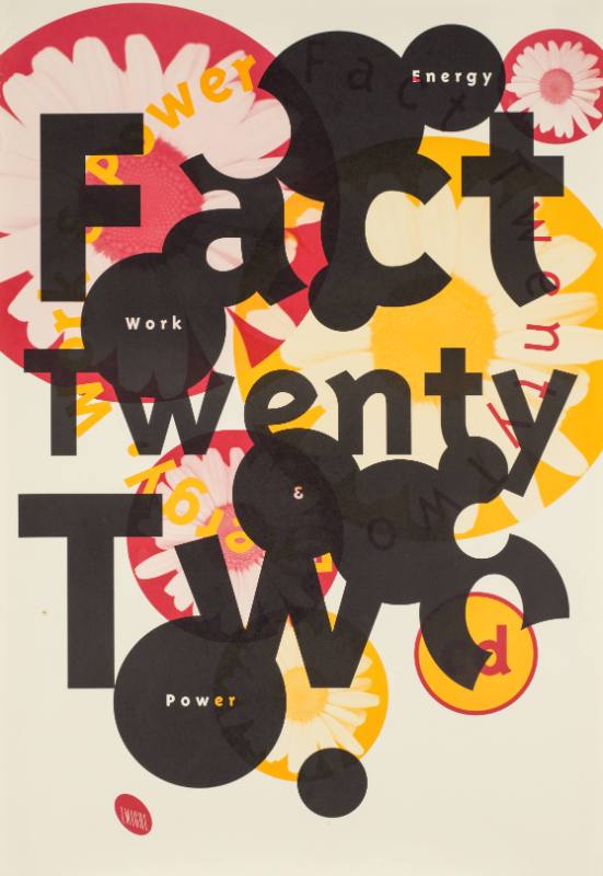 A poster of overlapping yellow, black, and red dots with sunflowers and text inside them.