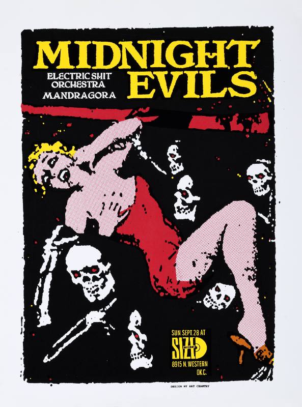 A poster of a blonde white woman surrounded by skeletons