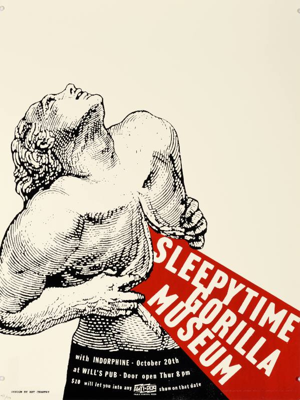 A poster with a drawing of a man ripping open his chest.