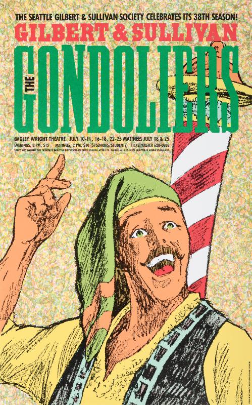 A poster of a man in a floppy hat standing in front of a red and white striped pole. Image