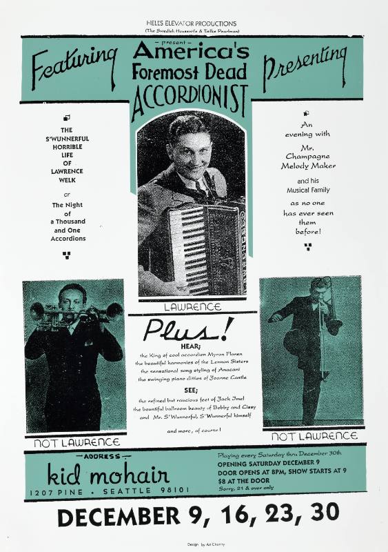 A poster with photographs of a white man playing accordion, trombone, and two trumpets.
