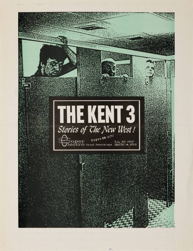 A poster of three men standing in bathroom stalls.