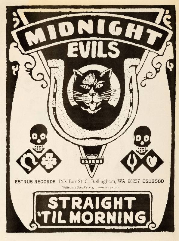 A poster of a black cat face in a horseshoe and two small skulls.