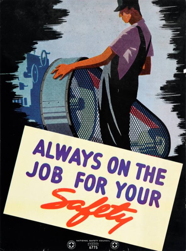 An illustrational poster of a workman working on a machine covered by a grate.