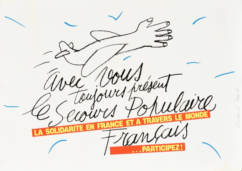 A poster of a hand drawn flying airplane with the cockpit as a hand and cursive writing below it.