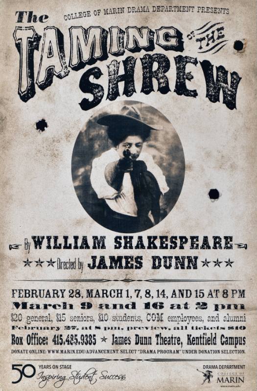 A vintage paper poster advertising a play with a cowboy pointing their gun towards the viewer.