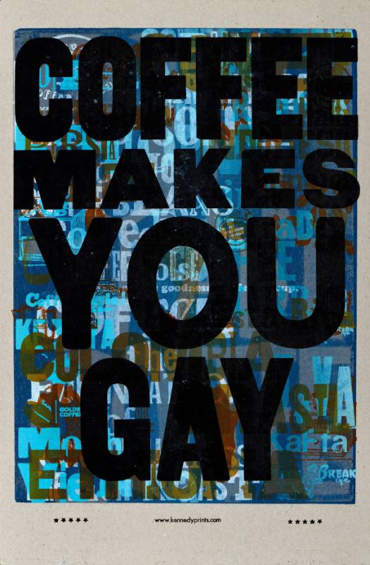 A poster of bold black texts with a beige border and various blue transparent texts behind it.