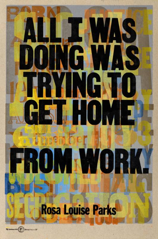 A poster of bold black texts with a beige border and various yellow transparent texts behind it.